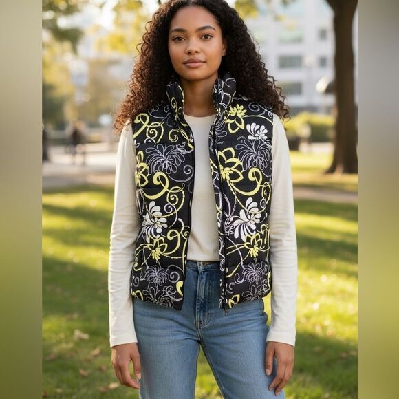 Athleta XL Goose Down Puffer Vest Black Yellow Floral Adjustable Jacket Women’s - Picture 1 of 6